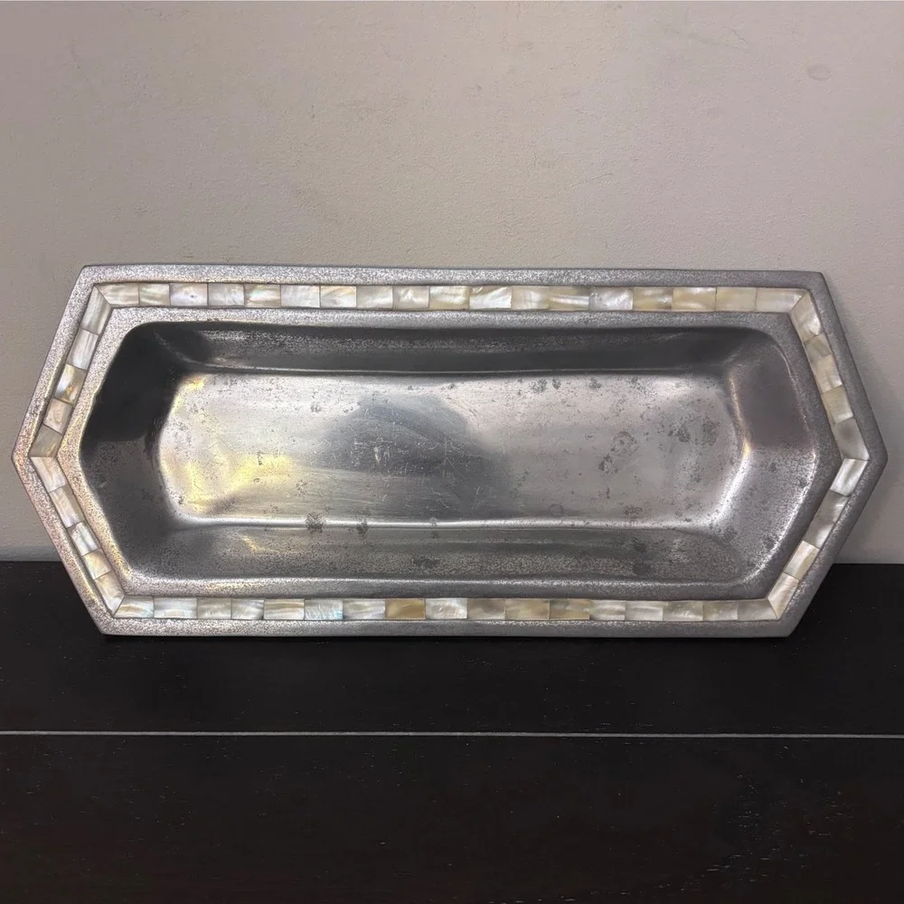 Silver Aluminum Tray | Mother of Pearl Mosaic Inlay Border‎ | Made in India